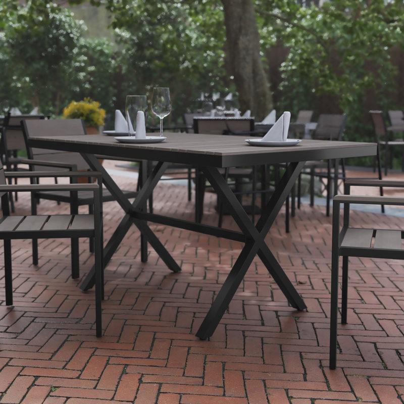 Latitude Run Commercial Grade X Frame Outdoor Dining Table with Faux Teak Poly Slats and Metal Frame All Outdoor Tables